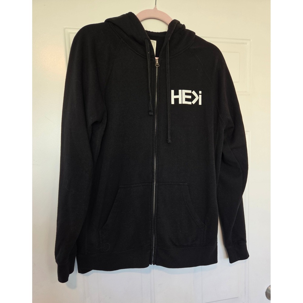 He>i Mens Black Full Zip Hoodie Logo Graphic Sweatshirt Size Large